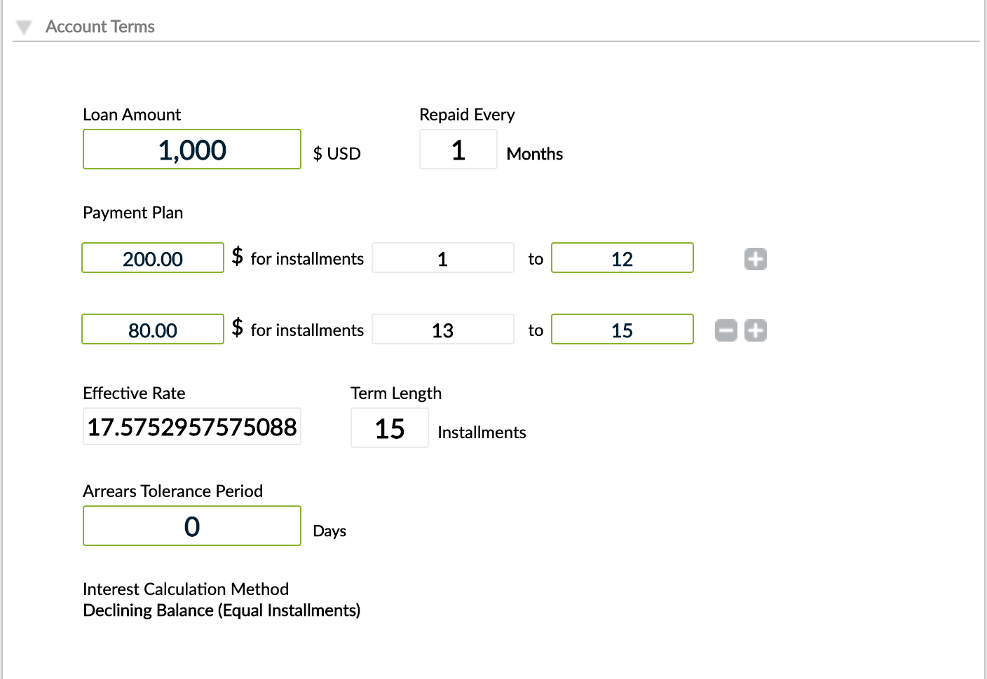 Payment Plan account terms at Loan Account Creation